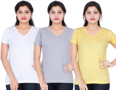 Fleximaa Solid Women V Neck Multicolor T-Shirt