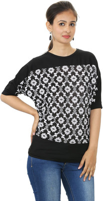 

Madeinmyindia Floral Print Women's Round Neck Black T-Shirt