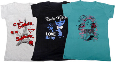 

IndiWeaves Girls Printed, Solid T Shirt(Multicolor, Gray & black & blue