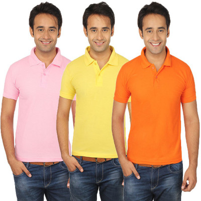 

Quetzal Solid Men's Polo Neck Multicolor T-Shirt(Pack of 3, Orange;pink;yellow