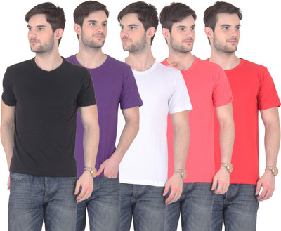 

FnMe Solid Men's Round Neck Multicolor T-Shirt(Pack of 5, Black;gajri;purple;red;white