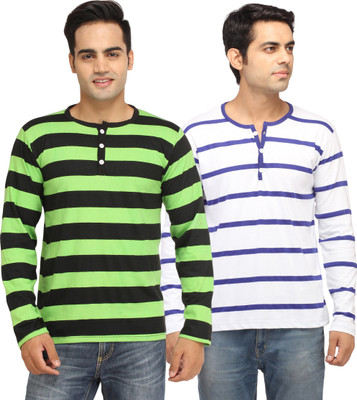 

Leana Striped Men's Fashion Neck Blue, Green T-Shirt(Pack of 2