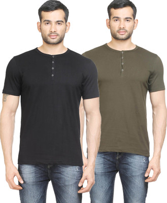 

Poshuis Solid Men' Henley Black, Dark Green T-Shirt(Pack of 2, Black;military green