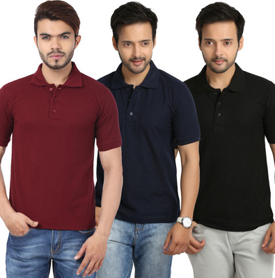 

Weardo Solid Men's Polo Neck Black, Blue, Maroon T-Shirt(Pack of 3, Black;maroon;navy blue