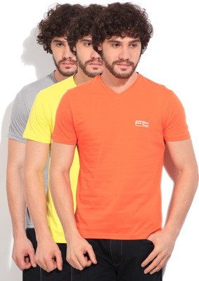 

Fort Collins Solid Men's V-neck Grey, Yellow, Orange T-Shirt(Pack of 3, Cement/orange/lemon