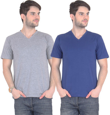 

FnMe Solid Men's V-neck Multicolor T-Shirt(Pack of 2, Blue;grey