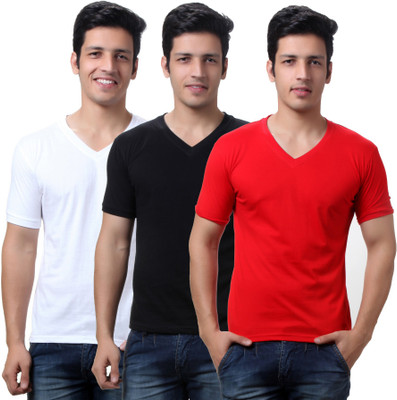 

TeeMoods Solid Men's V-neck Black, White, Red T-Shirt(Pack of 3), Black;red;white
