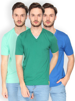 Campus Sutra Solid Men V-neck Dark Green, Light Green, Blue T-Shirt(Pack of 3), Blue;bottle green;sea green
