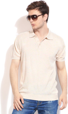

John Players Solid Men's V-neck Beige T-Shirt, 1a4