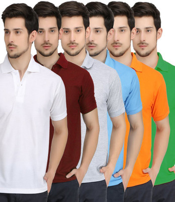 

Lime Solid Men' Polo Neck White, Maroon, Grey, Light Blue, Orange, Green T-Shirt(Pack of 6