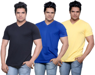 

IndiWeaves Solid Men' V-neck Black, Blue, Yellow T-Shirt(Pack of 3