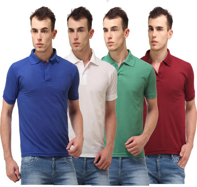 

Lime Solid Men's Polo Neck White, Blue, Green, Maroon T-Shirt(Pack of 4