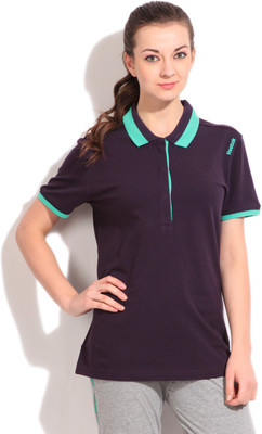 

REEBOK Solid Women's Polo Neck Purple T-Shirt