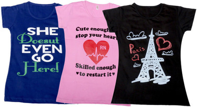 

IndiWeaves Girls Printed, Solid T Shirt(Multicolor, Blue & pink & black