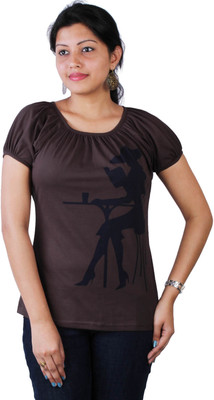 

Kanva Printed Women's Round Neck Brown T-Shirt