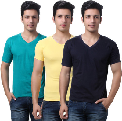 

TeeMoods Solid Men's V-neck Dark Blue, Green, Yellow T-Shirt(Pack of 3), Navy;sea green;yellow