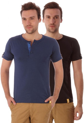 

Campus Sutra Solid Men Henley Black, Blue T-Shirt(Pack of 2)
