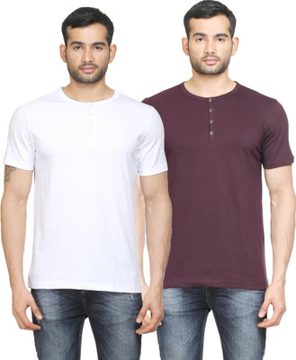 

Poshuis Solid Men's Henley White, Maroon T-Shirt(Pack of 2, Dark maroon;white