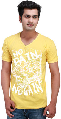 

Inkovy Graphic Print Men's V-neck Yellow T-Shirt