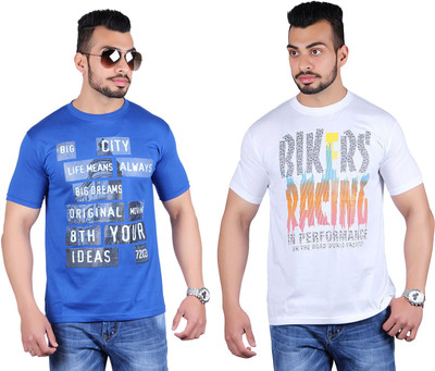 

Shineway Printed Men's Round Neck Multicolor T-Shirt(Pack of 2, Blue;white