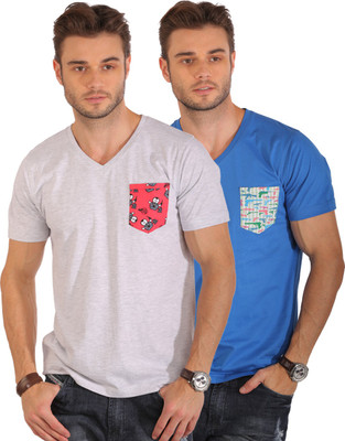 

Smugglerz Inc. Solid Men's V-neck Blue, Grey T-Shirt(Pack of 2), Ecru melange;royal blue