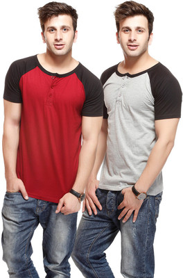 

Gritstones Solid Men's Henley Grey, Maroon T-Shirt(Pack of 2, Grey melange/white