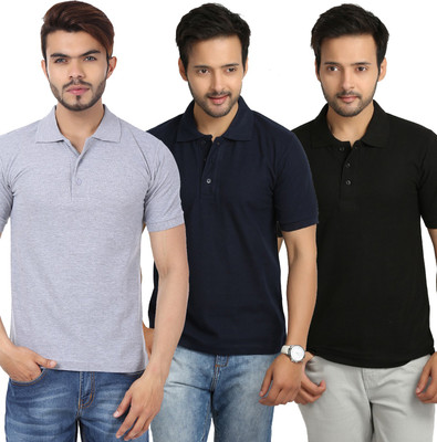 

Weardo Solid Men's Polo Neck Black, Blue, Grey T-Shirt(Pack of 3, Black;grey;navy blue