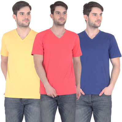 

FnMe Solid Men's V-neck Multicolor T-Shirt(Pack of 3, Blue;carrot;yellow