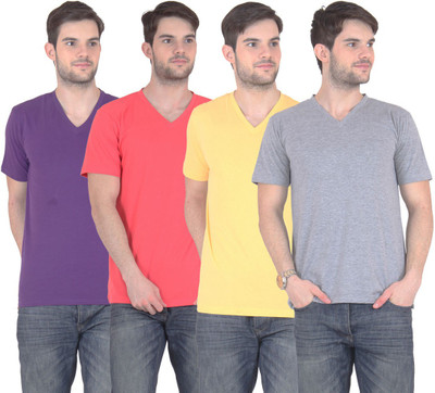 

FnMe Solid Men's V-neck Multicolor T-Shirt(Pack of 4, Carrot;grey;purple;yellow