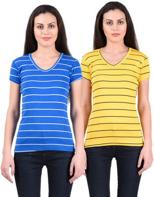 

NumBrave Striped Women's V-neck Multicolor T-Shirt(Pack of 2, Royal blue;yellow