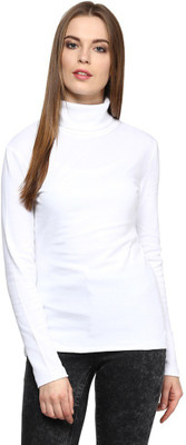 

Hypernation Solid Women' Turtle Neck White T-Shirt