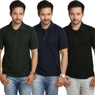 

Weardo Solid Men's Polo Neck Black, Blue, Green T-Shirt(Pack of 3, Black;bottle green;navy blue