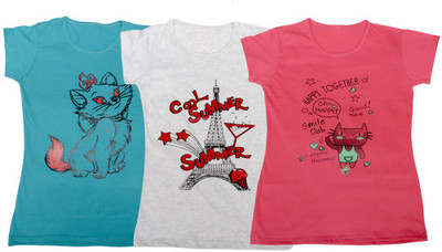 

IndiWeaves Girls Printed T Shirt(Multicolor, Blue & gray & pink