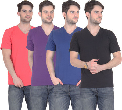

E'Hiose Solid Men' V-neck Multicolor T-Shirt(Pack of 4, Black;blue;carrot;purple