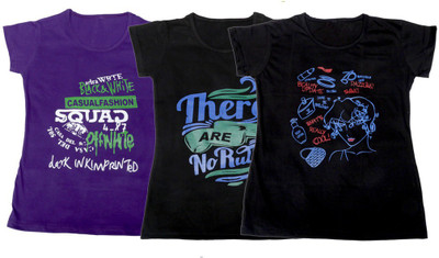 

IndiWeaves Girls Printed, Solid T Shirt(Multicolor, Purple & black & black