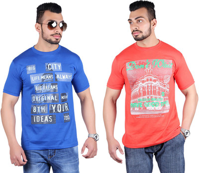 

Shineway Printed Men's Round Neck Multicolor T-Shirt(Pack of 2, Blue;red