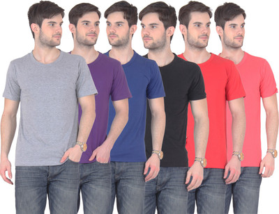 

FnMe Solid Men's Round Neck Multicolor T-Shirt(Pack of 6, Black;blue;gajri;grey;purple;red