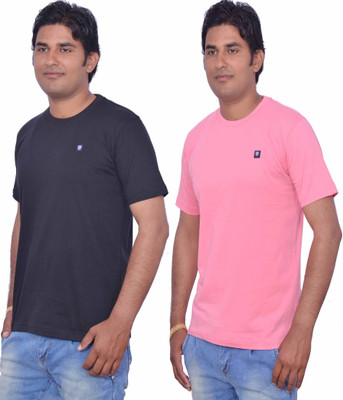 

Leaf Solid Men's Round Neck Black, Pink T-Shirt(Pack of 2