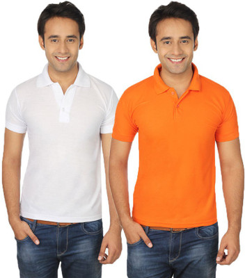

Quetzal Solid Men's Polo Neck Orange, White T-Shirt(Pack of 2