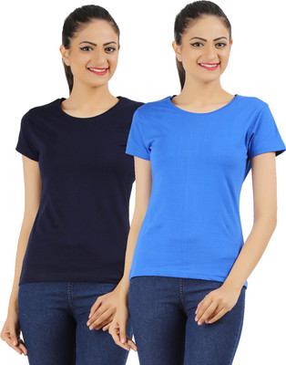 

Ap'pulse Solid Women's Round Neck Dark Blue, Blue T-Shirt(Pack of 2)