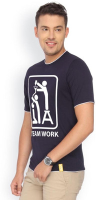 

Campus Sutra Printed Men Round Neck Blue T-Shirt