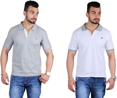 Shineway Solid Men's Polo Neck Grey, White T-Shirt(Pack of 2