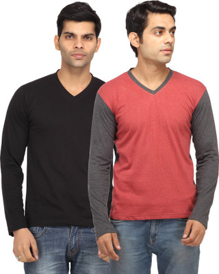 

Leana Solid Men's V-neck Black, Red T-Shirt(Pack of 2