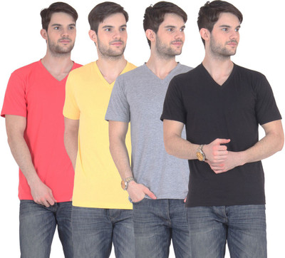

FnMe Solid Men's V-neck Multicolor T-Shirt(Pack of 4, Black;carrot;grey;yellow