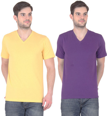 

E'Hiose Solid Men' V-neck Multicolor T-Shirt(Pack of 2, Purple;yellow