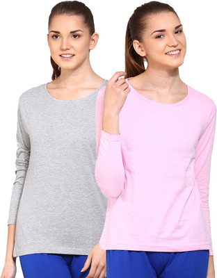 

Ap'pulse Solid Women's Round Neck Grey, Pink T-Shirt(Pack of 2), _gmel_lpnk
