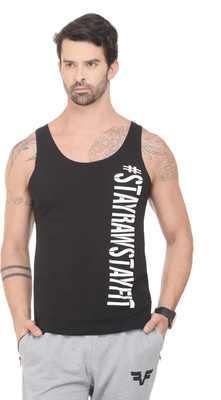 

RAWFITT Self Design Men's Halter Neck Black, White T-Shirt
