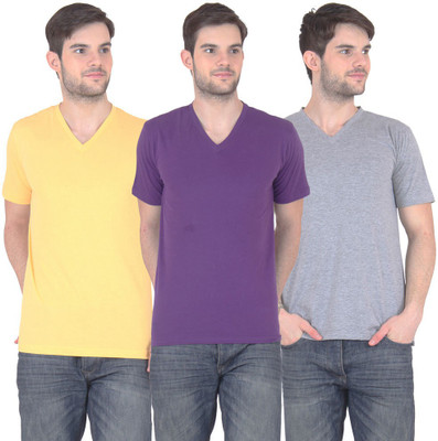 

E'Hiose Solid Men' V-neck Multicolor T-Shirt(Pack of 3, Grey;purple;yellow