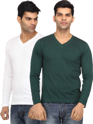 

Leana Solid Men's V-neck White, Green T-Shirt(Pack of 2, Green;white