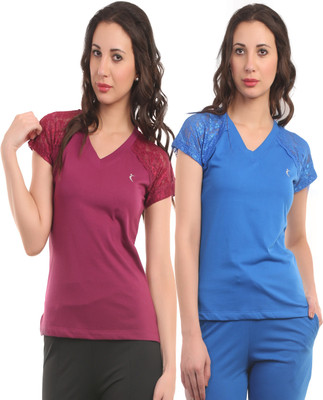 

Ultra Fit Solid Women's V-neck Maroon, Blue T-Shirt(Pack of 2), Blue;wine